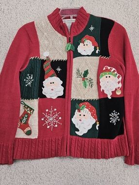 Tiara International Christmas Cardigan Patchwork Santa Zip Festive Holiday Women